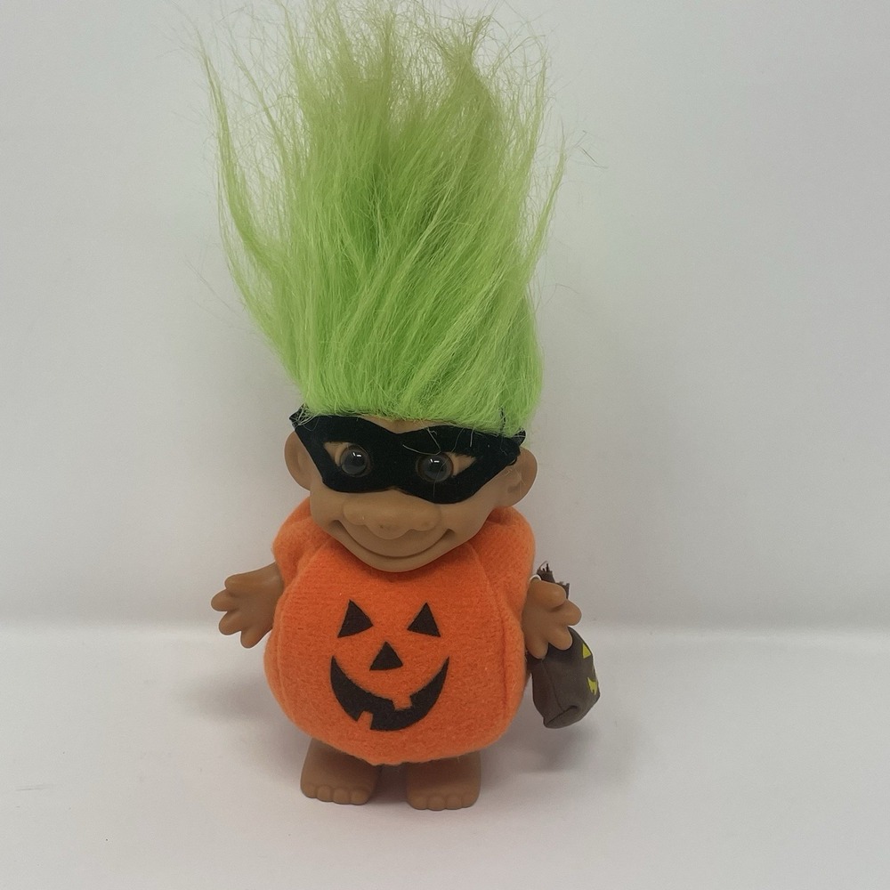 Vtg Russ Berrie Halloween Jack O Lantern Pumpkin Troll Doll Mask Green Hair 4.5"